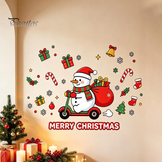Winter Home Decor Cute Snowman Scooter Christmas Static Window Cling, Cartoon Merry Glass Decorations Decal, Waterproof Sticker for Shop Xmas