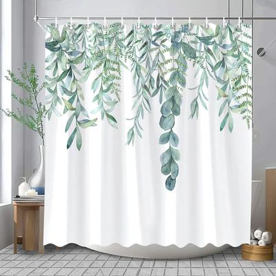 Tropical Green Leaves Plant On White Background Odorless Shower Curtains For Bathroom Showers And Bathtubs Decor With Hooks
