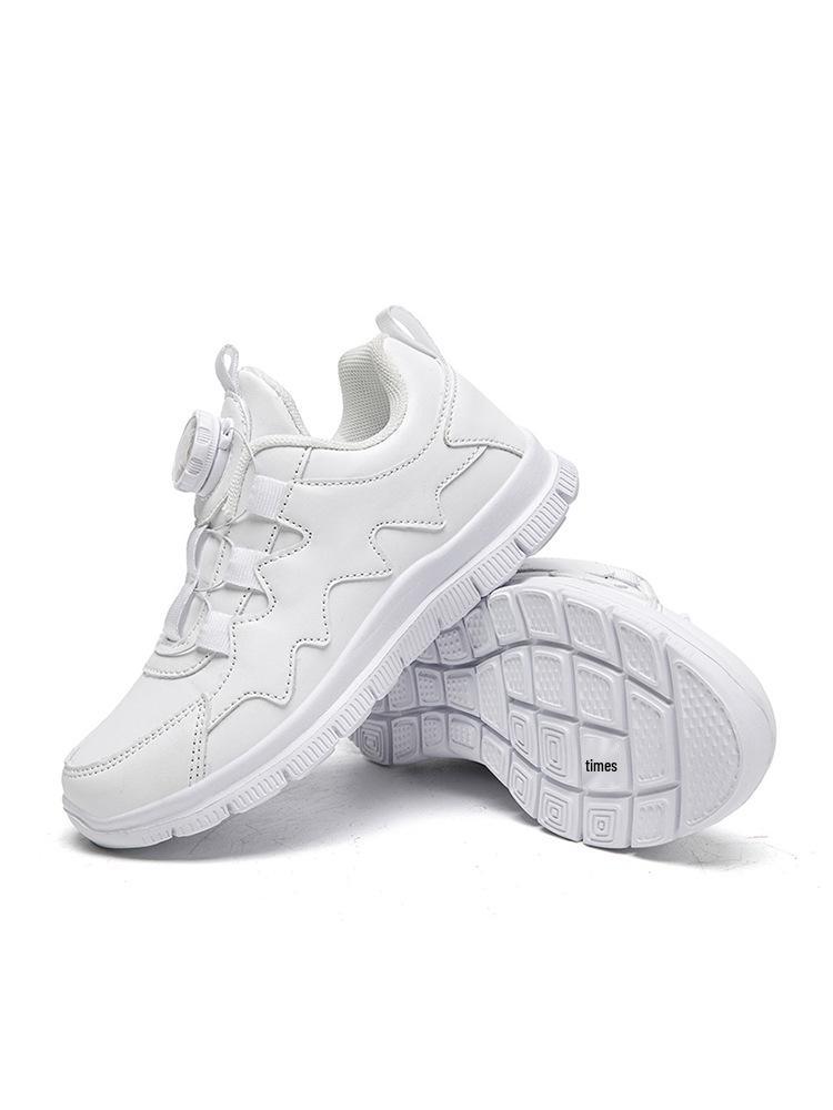 Children s Lightweight Leather Rotary Buckle Running Shoes - Unisex White Sports Sneakers 33