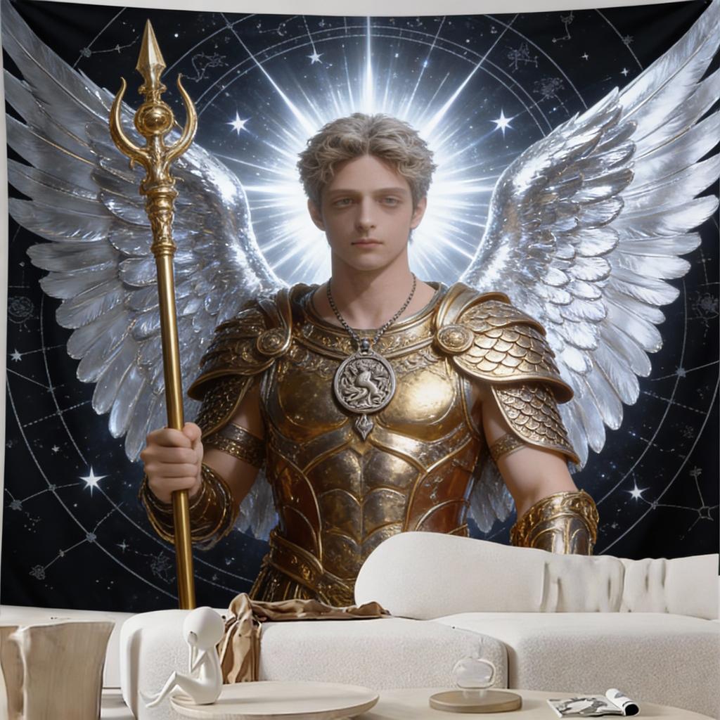 Luxurious Saint Michael Angel Golden  White Tapestry  Intricate Heavenly Design with Radiant Stars HighQuality Polyester Fab