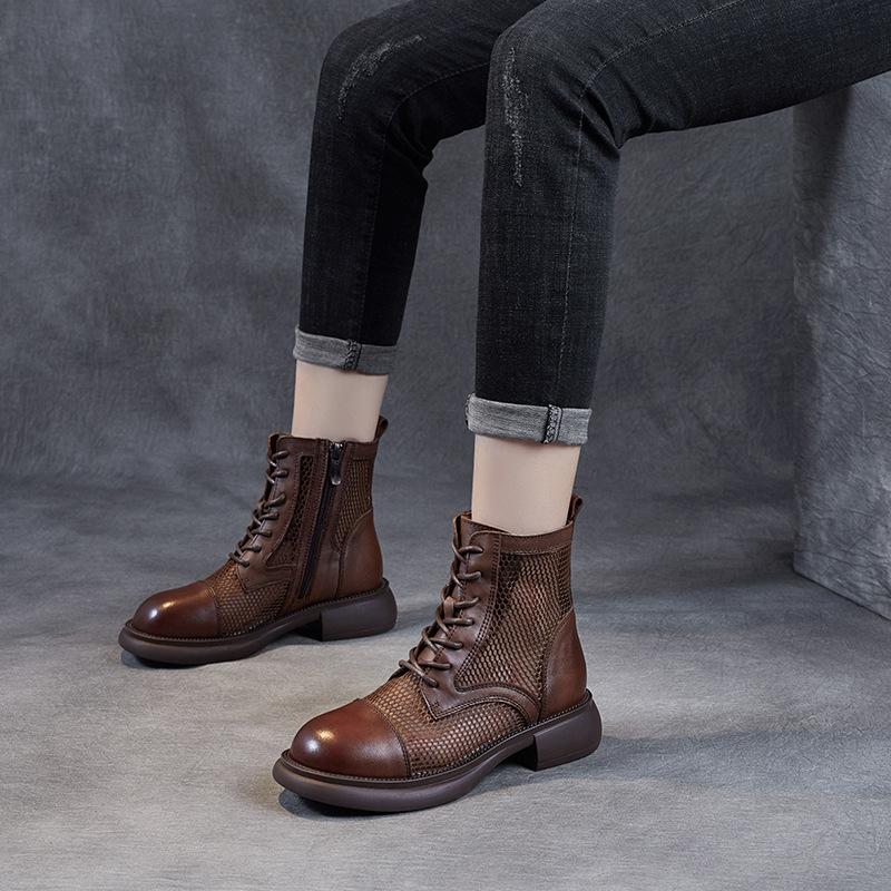 4CM Spring New Breathable Mesh Shoes Top Layer Cow Leather Short Boots British Vintage Women's Boots Summer Fashionable Sandals