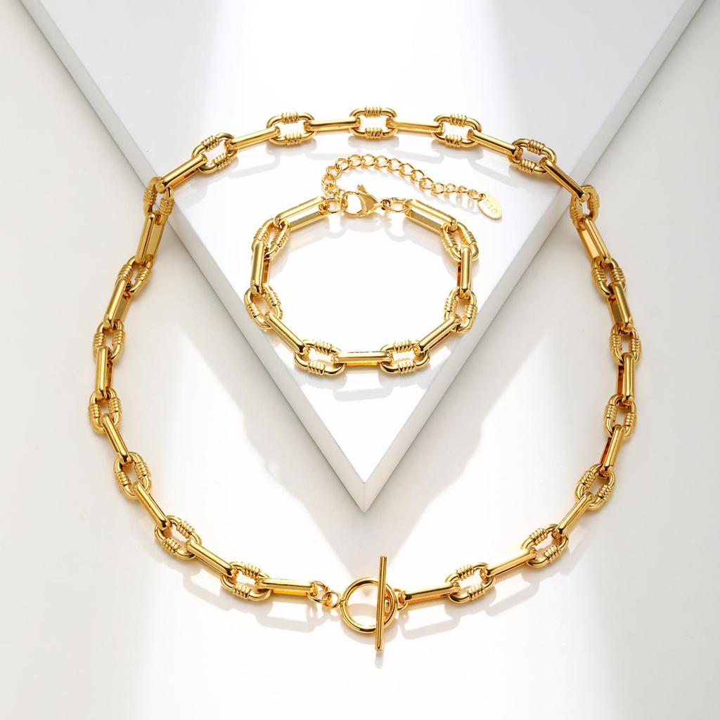 Jewelry Stainless Steel Embossed Oval Handmade Chain Gold Bracelet Ladies