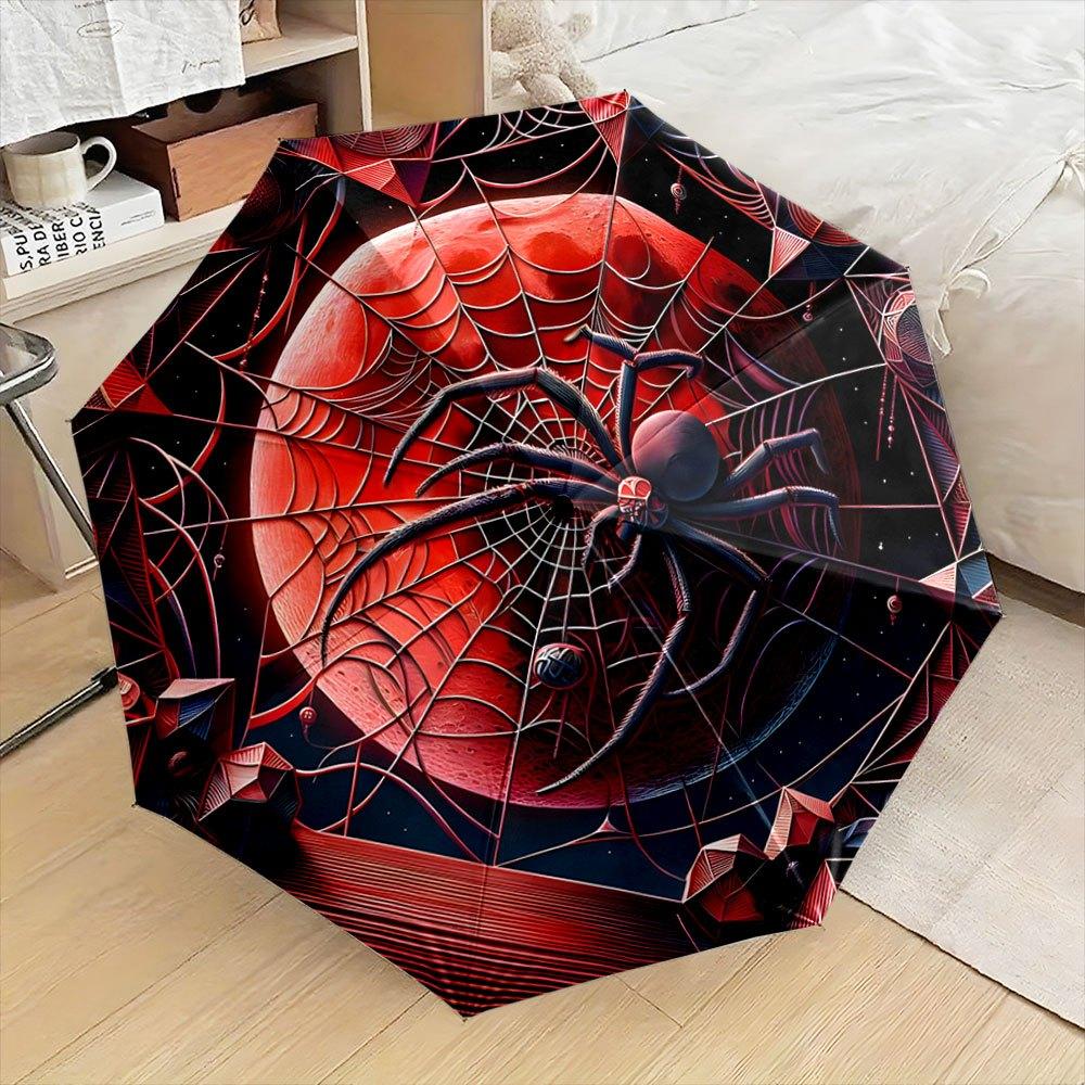 

Gothic Spider Web & Red Moon Open/Close Umbrella - 8-Rib Compact Folding Umbrella with Gothic Design, Black & Red Spider Web P (as the picture,iron&8K)