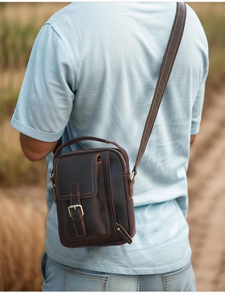 DUJIANG Herren Vintage Crazy Horse Leder Umhängetasche - Echtes Leder Freizeit Outdoor Tasche