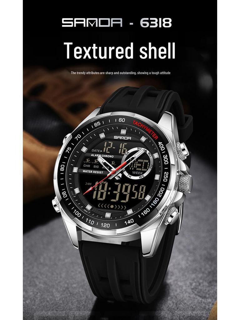 Sanda 6318 Men's Multi-Function Outdoor Sports Watch with Three-City Time, Countdown, and Waterproof Features