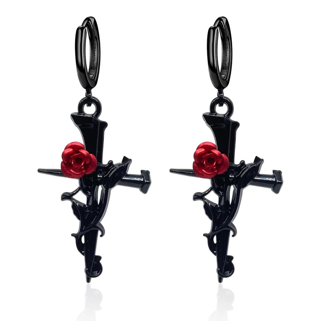 Europe and America Gun-black Cross Rose Earrings UNISEX Gothic Halloween Happy Night Rock Hip Hop Jewelry Earrings