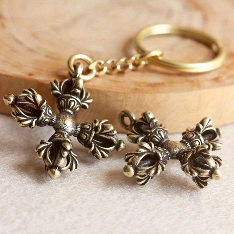 2Pcs Cross Brass Pendant Bodhi Beads Keychain Rope Hangings Buddhism Dharma Handmade Woven Lanyard.