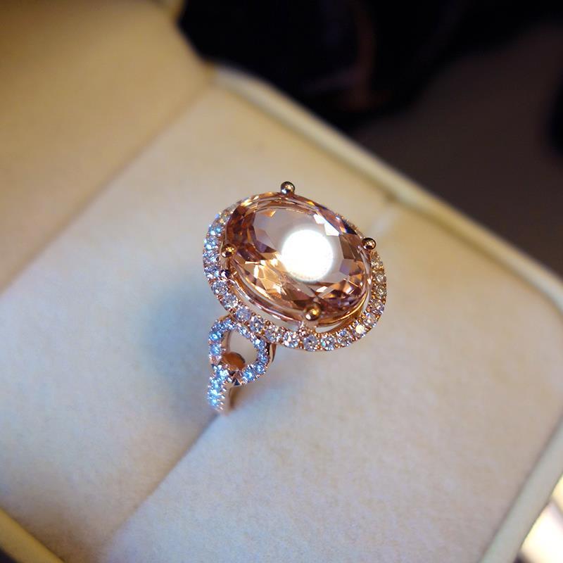 Shining Oval Gold Powder Crystal Silver Full of Diamonds Women's Ring Opening Luxury Exquisite Wedding Anniversary