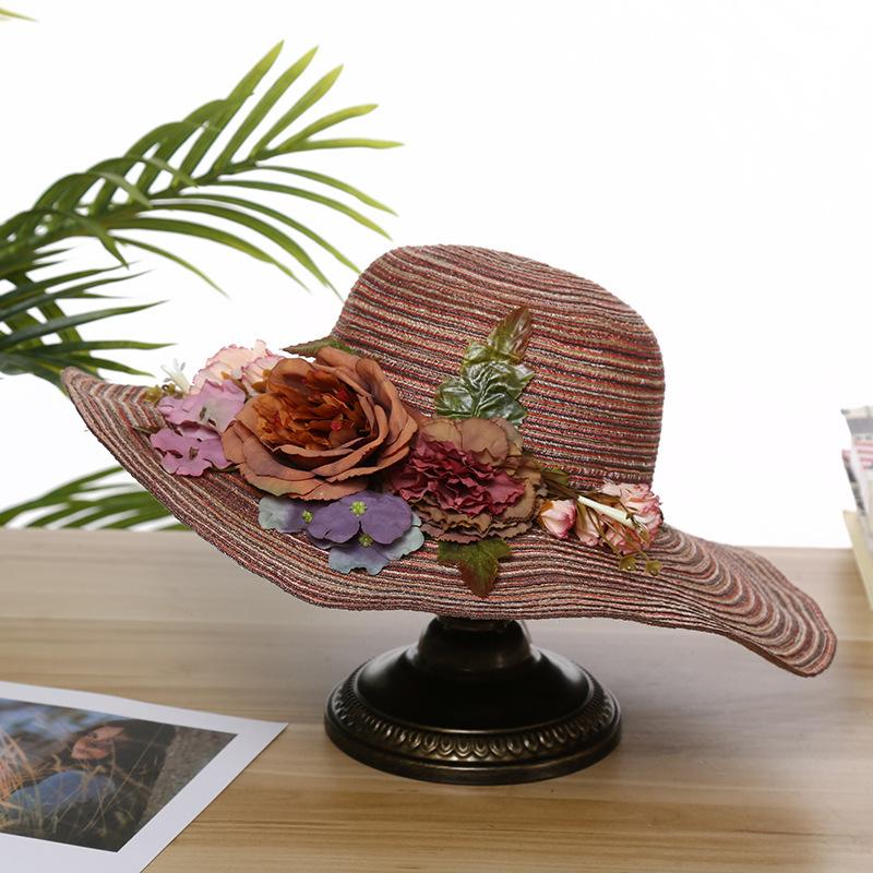 Summer new sunscreen sunshade flower straw hat women's beach travel hand-woven hat foldable big eaves hat