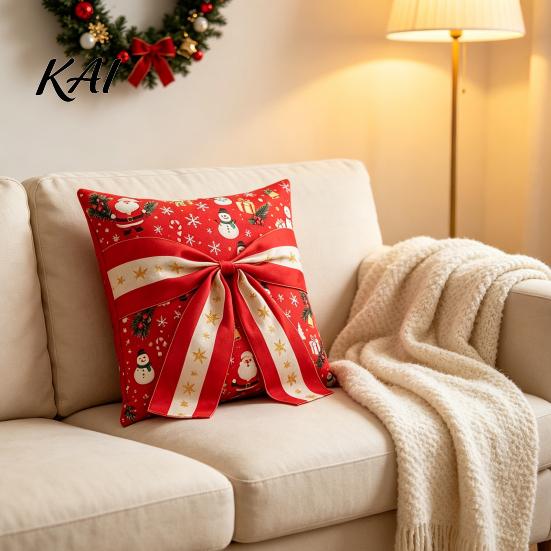 Decorative Cushion Cases for Sofa Christmas Throw Pillow Cover, Holiday Cover with 3D Bow, Covers Seasonal Farmhouse Case Living Room Couch