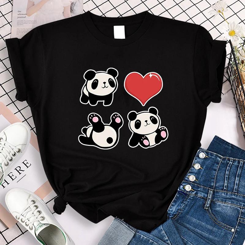 Funny Cute Panda Printed T Shirt for Women Summer Short Sleeve Cartoon Casual Creative T-shirt Vintage Round Neck Clothes