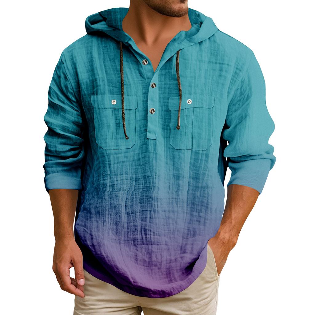 Men's Hooded T-shirt Gradient Color Cotton And Linen Men's Casual Long-sleeved Top