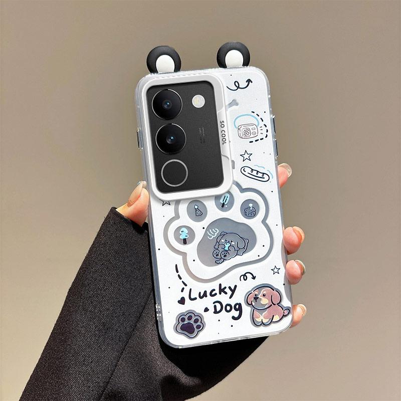 KEYSION Cute Ear Cartoon Case for VIVO V29 5G with Lanyard Soft Silicone+PC Shockproof Phone Back Cover for VIVO V29 5G