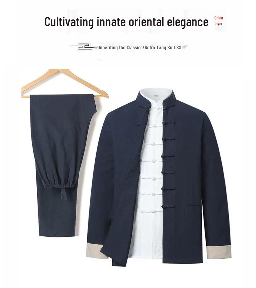 Men's Cotton Linen Three-Piece Tang Suit: Chinese Style Frog Button Hanfu, Retro Lay Buddhist Robe, Tea Attire