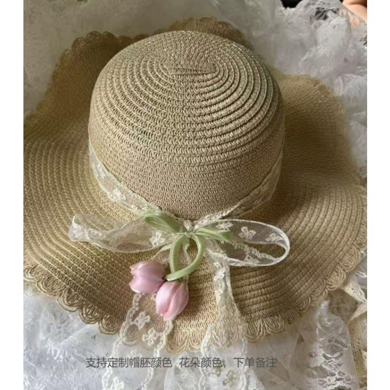 Big Brim Sun Hat Seaside Beach Idyllic Forest Bow Streamer Straw Hat Female Summer Flower Tulip