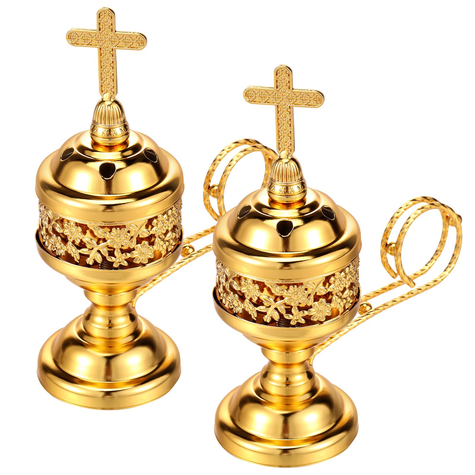 

2Pcs Gold Church Incense Burner Metal Frankincense Charcoal Incense Stand Compact Holder for Yoga Spa Home Decoration Church