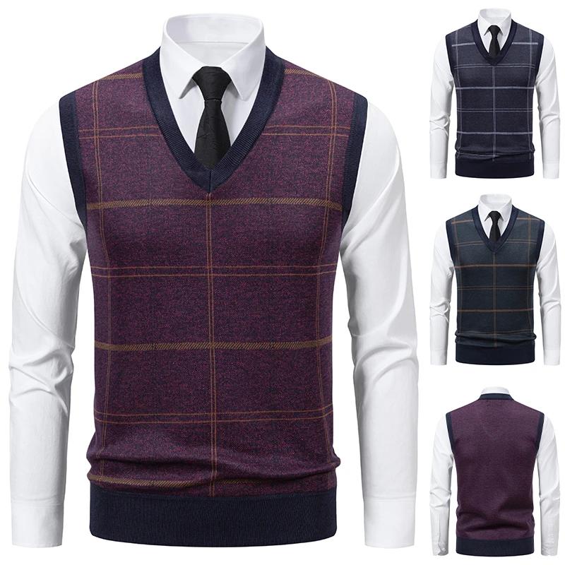 Men's V-neck Knitted Sweater Warm Autumn Winter Casual Fashion Diamond Grid Twisted Flower Design Versatile Top