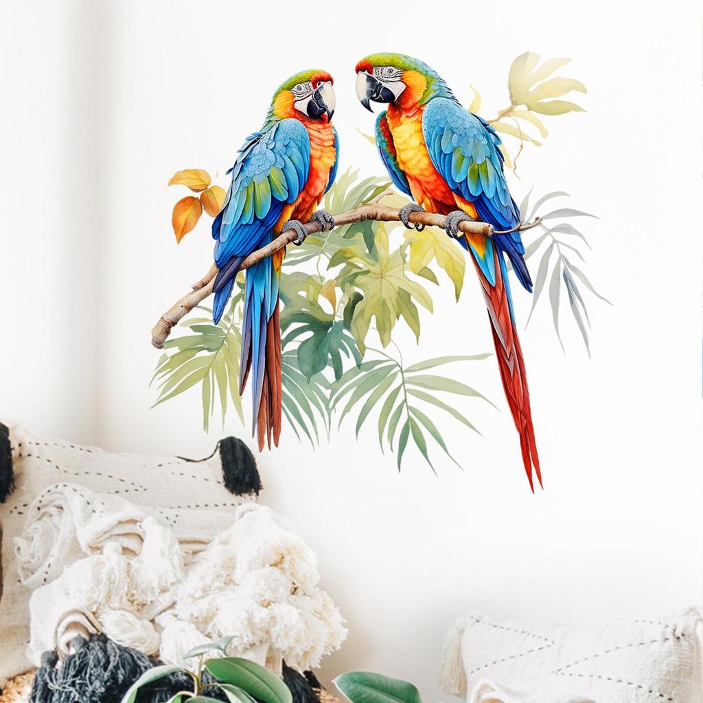 Dekorativer Wand- und Deckenaufkleber mit zwei Papageien auf einem Ast für Zuhause