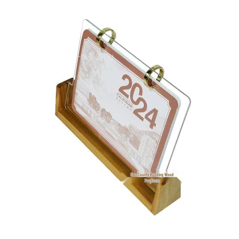 Solid Wood Desktop Calendar Stand with Transparent Acrylic Holder for Office