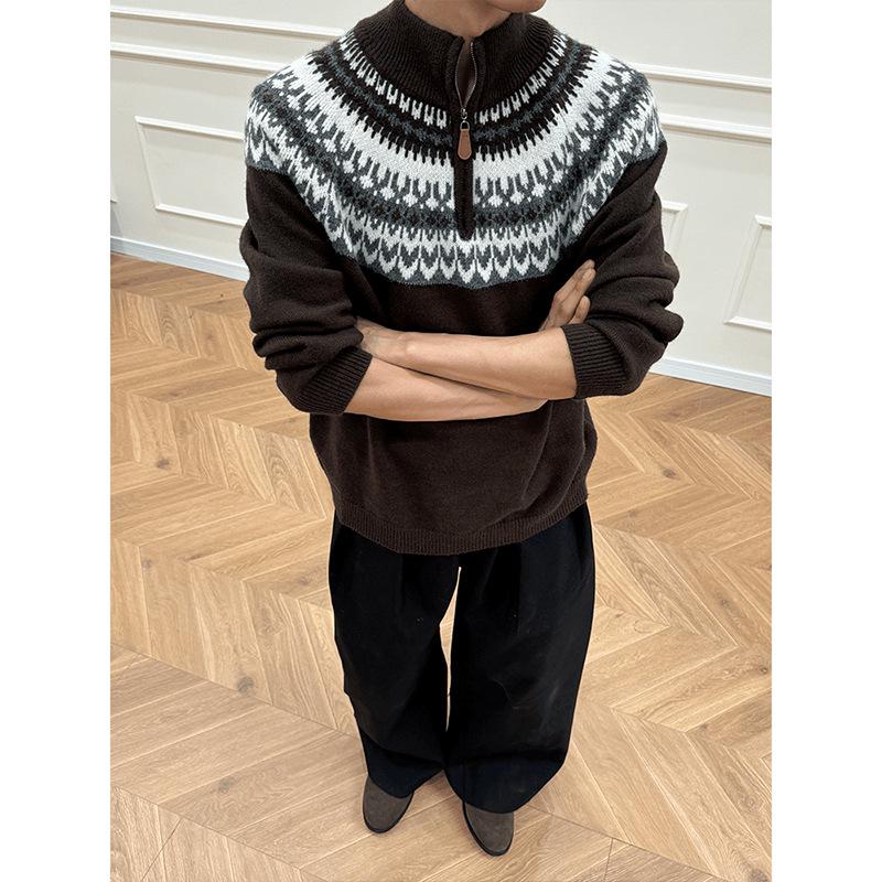 Men's Grey Fair Isle Half-Zip High Neck Sweater - Autumn/Winter Jacquard Knitwear