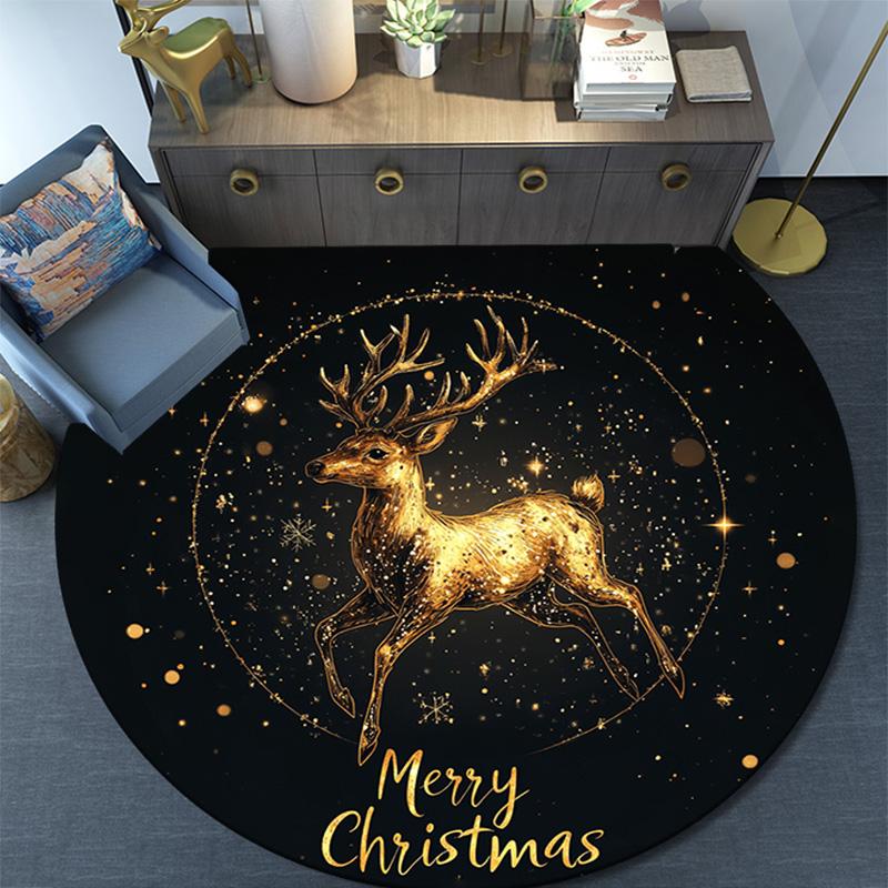 Golden Deer Round Area Rug,Carpet Rug for Living Room Bedroom Sofa Playroom Decor,Non-slip Floor Mat