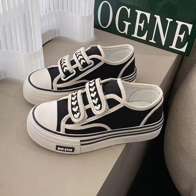 

парусиновые туфли на липучке с толстой подошвой, дышащие и легкие, туфли-бублики, которые визуально увеличивают худобу и рост, повседневная обувь, женская обувь для студентов, маленькие ж 40 чёрный