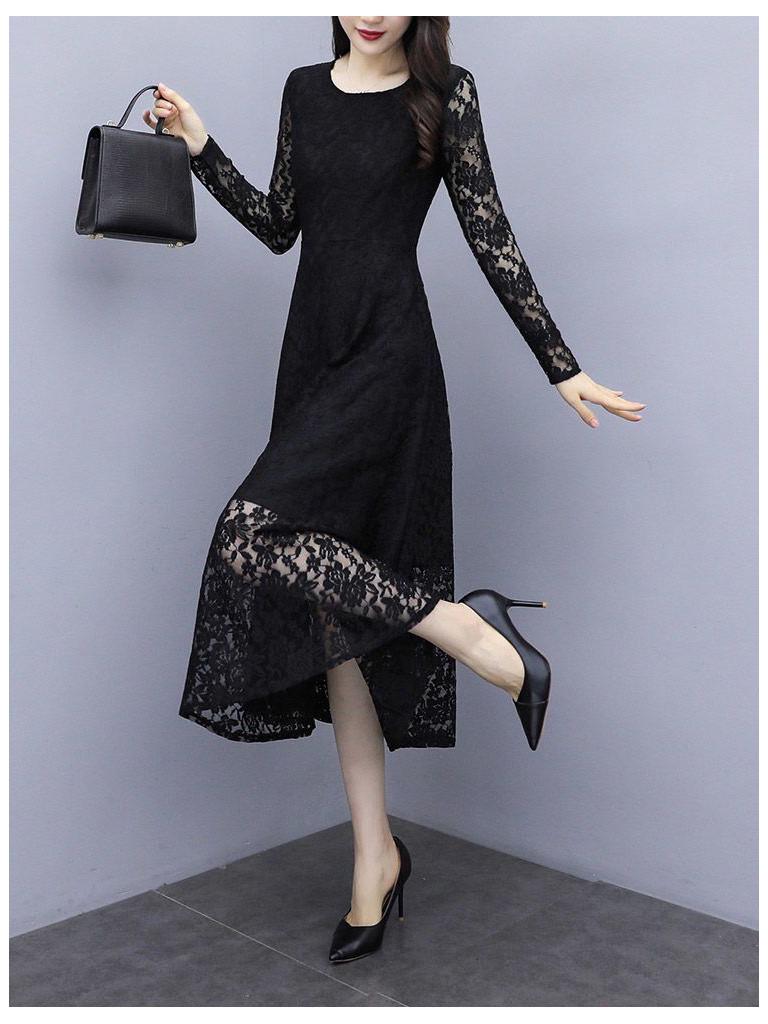 Women's Plus Size Black Lace A-line Long Skirt Dress - Spring/Summer 2026, New Style, Long Sleeve, Elegant Fit