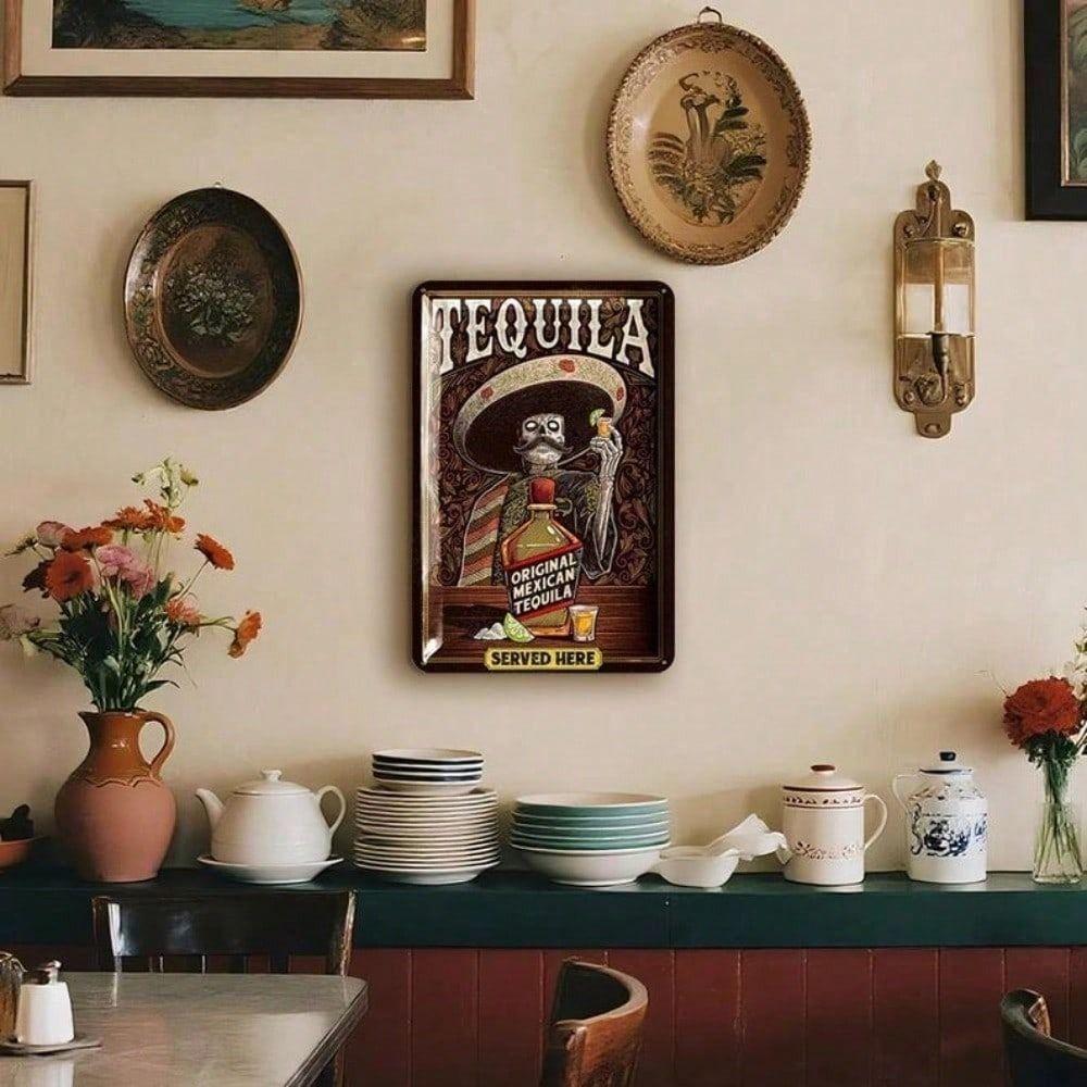 Metal Wall Art Vintage Mexican Skeleton Black Tequila Poster for Bar Garage Decor