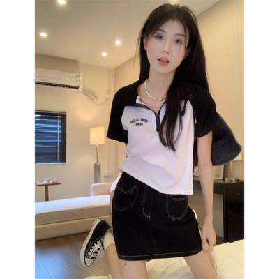 New Zipper POLO Neck Front Shoulder Short-sleeved T-shirt for Women In Summer Korean Style Student Niche Letter Versatile Top