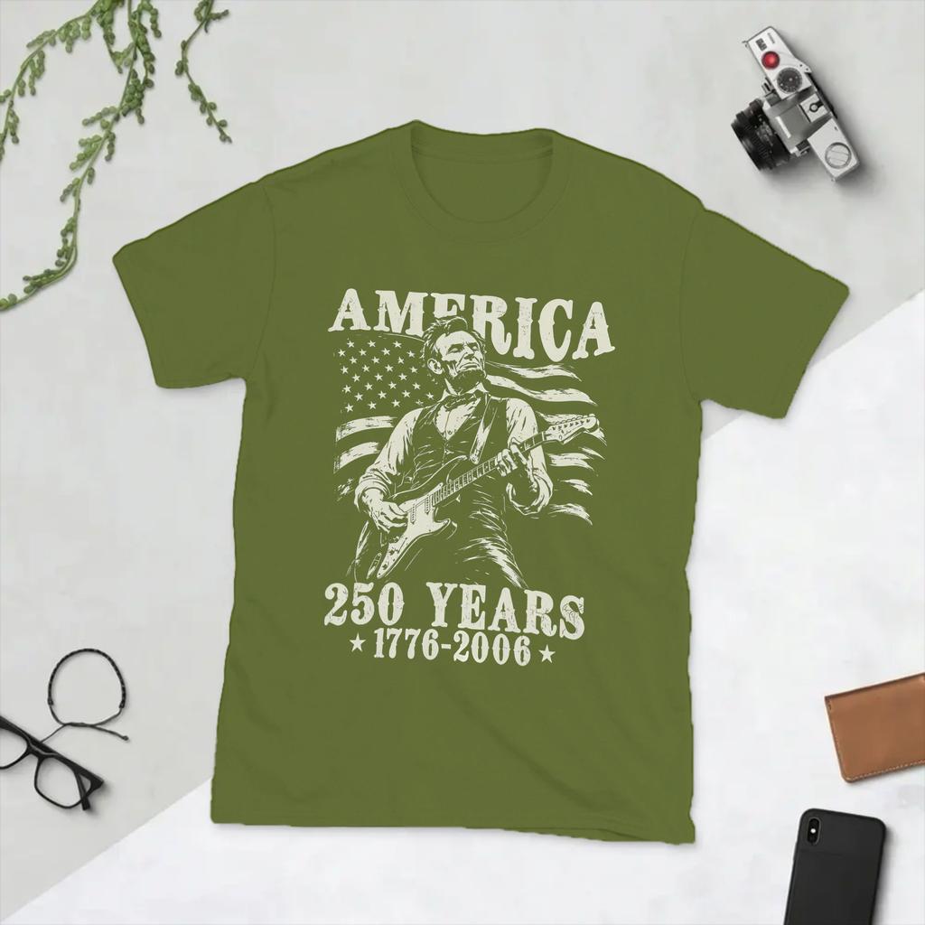 Abraham Lincoln Playing Guitar 4th July 250th Anniversary Unisex T Shirt Vintage Tees Short Sleeve TShirts Pure Cotton Clothing