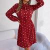 High Waist Women's Long Sleeve Dress Lace Up Pleated Dot Temperament Autumn Winter