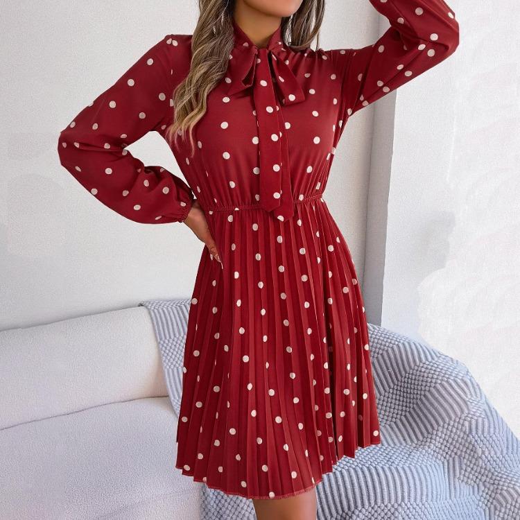 High Waist Women's Long Sleeve Dress Lace Up Pleated Dot Temperament Autumn Winter