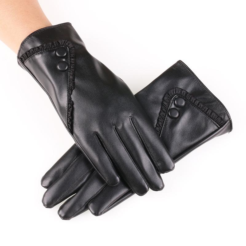 Autumn and Winter Warm Gloves Women's Bow Imitation Leather Touch Screen Gloves Fleece Cold-proof Rabbit Fur Mouth Leather Gloves