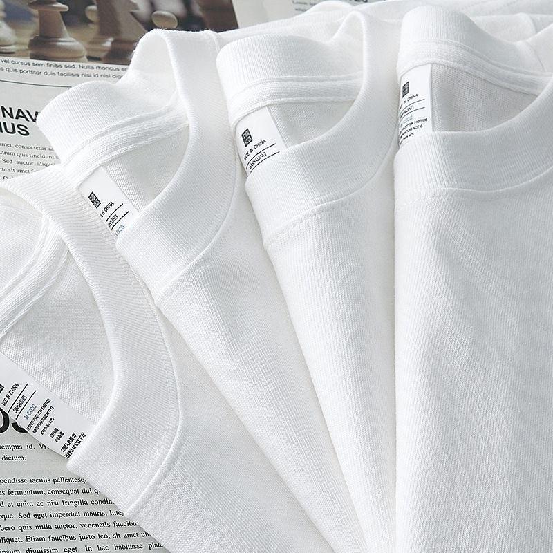 T-shirt bianca girocollo larga da 230g in puro cotone pesante con design versatile e logo stampato personalizzato.