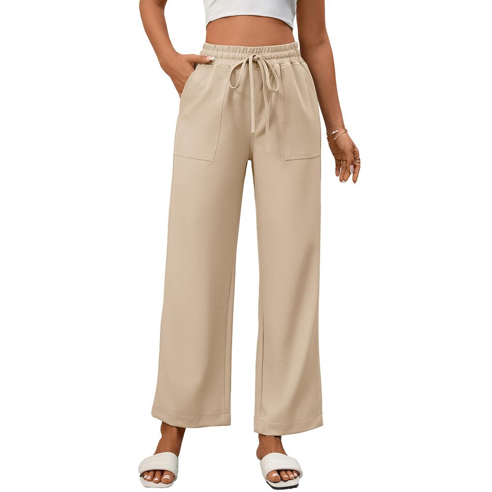Summer New Women's Casual Drawstring Flowing Trousers Wide Leg Pants with Pockets