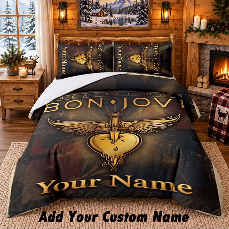 Bon Jovi Pattern Bedding 3Pcs Set Custom Name, Bed Sheet And Pillowcases For Home Bedroom