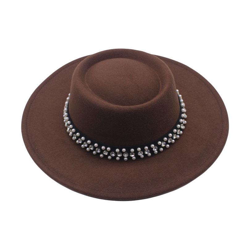 European and American New Autumn and Winter Wool Woolen Big-brimmed Jazz Hat Female Concave Top Black Top Hat Pearl Rhinestone Felt Hat