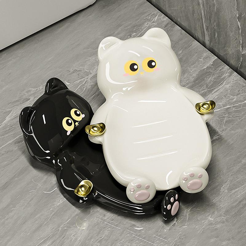 Cute Cat Lucky Soap Dish 16x9cm Plastic Drainage Tray with Anti-Slip Base for Bathroom Creative Home Decor & Feng Shui Gift