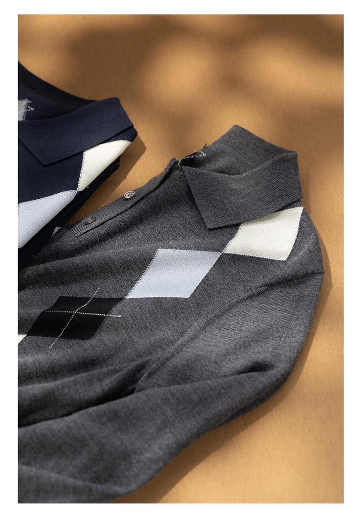 Women's Merino Wool Polo Collar Sweater - 2026 Spring/Autumn, Diamond Pattern Knit Pullover