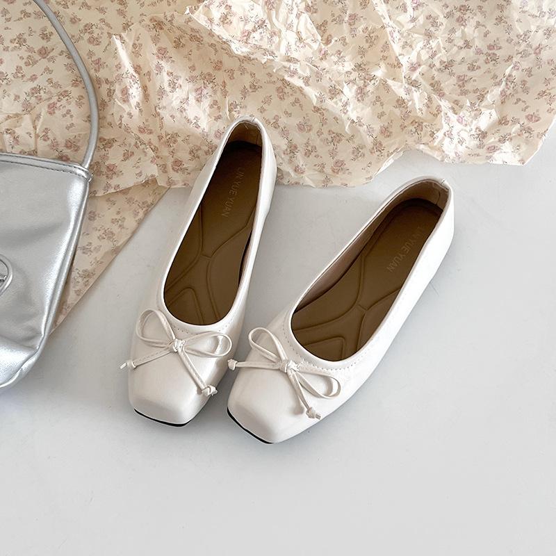 Women's square head bow single shoes 2025 spring and summer new French flat silver laden shoes light mouth bow women's shoes