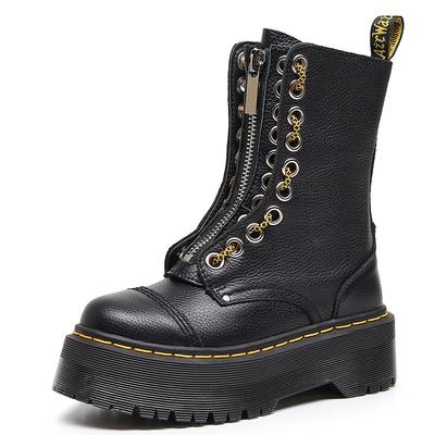 Martin Boots British Two Perforated Platform Locomotive Boots Front Zipper First Layer Cowhide Long Boots Muffin Shoes