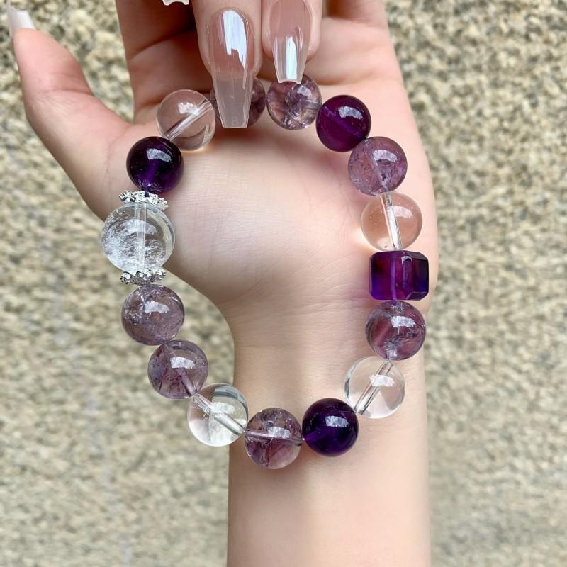 Handgemaakte Natuurlijke Amethist Armband 18 Kralen 10mm Geometrische Stijl Boho Dames Sieraden Met Witte Kristal Accenten