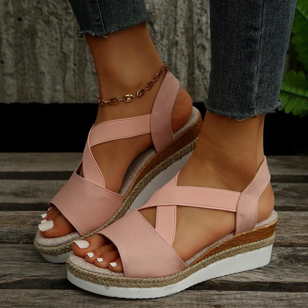 2025 Summer Foreign Trade Large Size Hemp Rope Straw Platform High Heel Open Toe Sandals Women's Slope Heel Beach Shoes