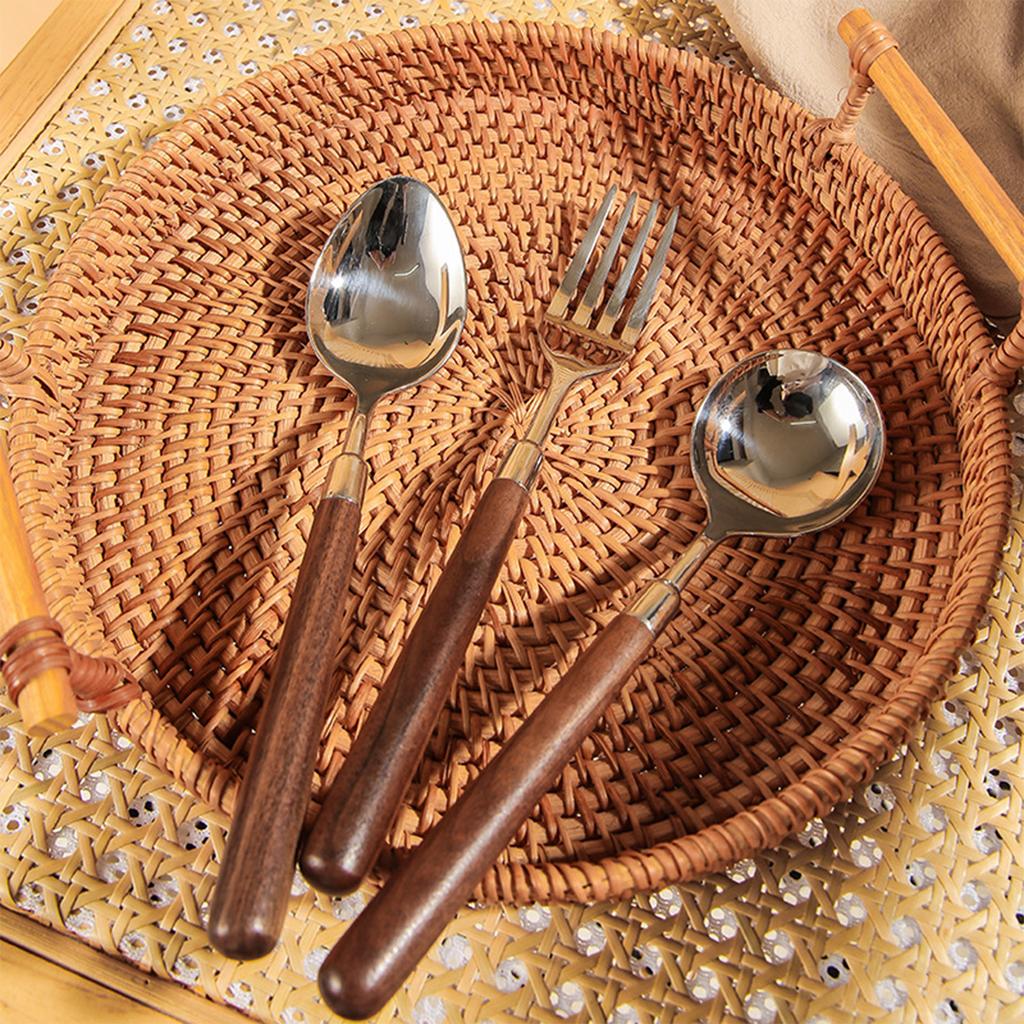 Cutlery Set with Walnut Wood Handle, Steak Knife Fork Spoon, Durable Thick Flatware for Steak, Dessert, Western Style Tableware