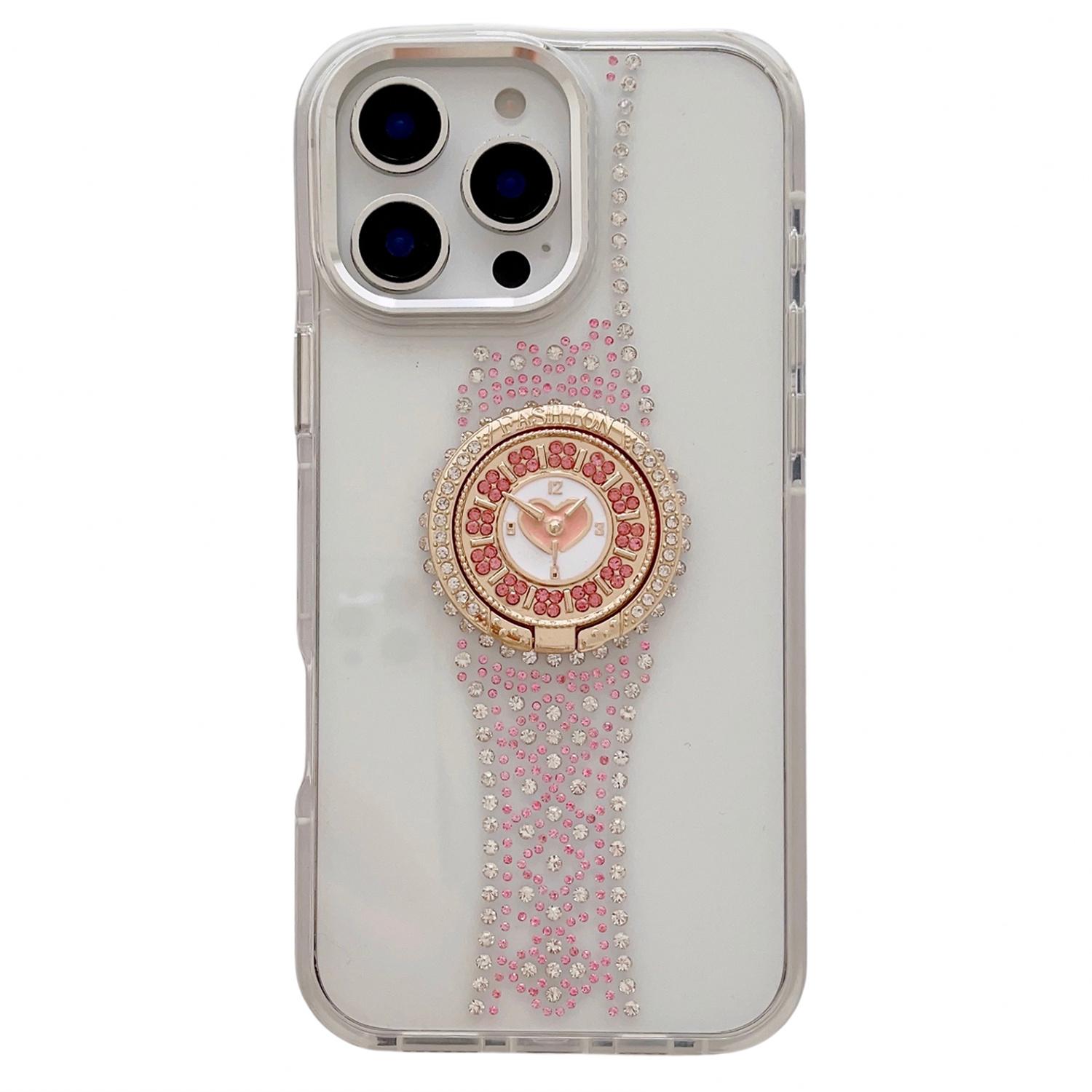 

For iPhone 16 Pro Max Case with Kickstand Watch Shape Rhinestone Decor TPU+PC Phone Back Cover White