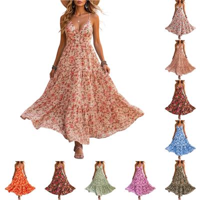 Robe longue d'été décontractée pour femme à imprimé floral, fines bretelles, sans manches, pour la plage, coupe ample