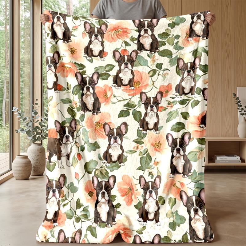Bulldog Floral Pattern Blanket Personalized Name Flannel Blanket Soft Cozy Plush Throw for Sofa Bed Lightweight Home Decor