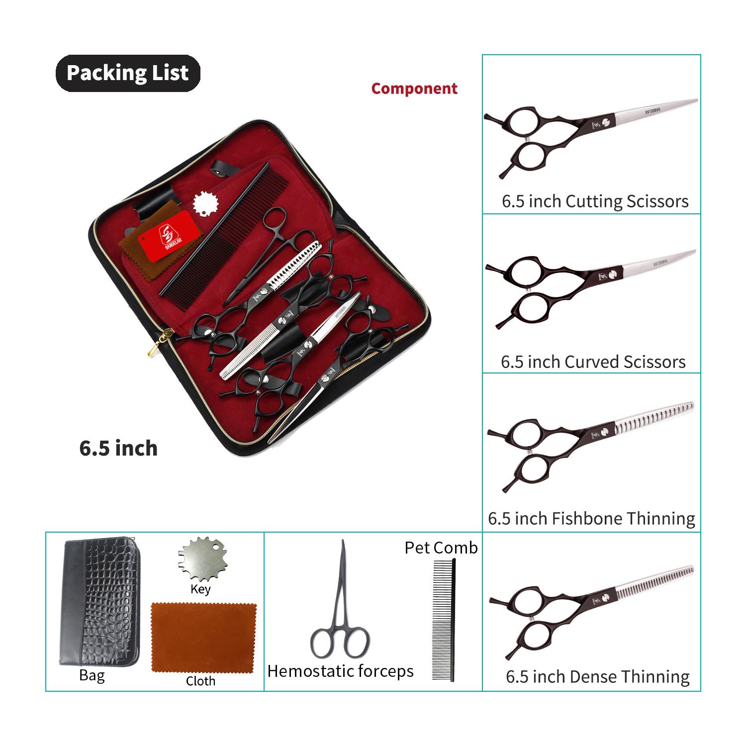 Sangelar 6,5-дюймовый черный набор для ухода за домашними животными, набор ножниц для собак, кошек, режущие филировочные ножницы, изогнутый многофункциональный набор, маникюрный набор, набор инструментов для ухода за домашними животными 6.5 inch Set чёрны