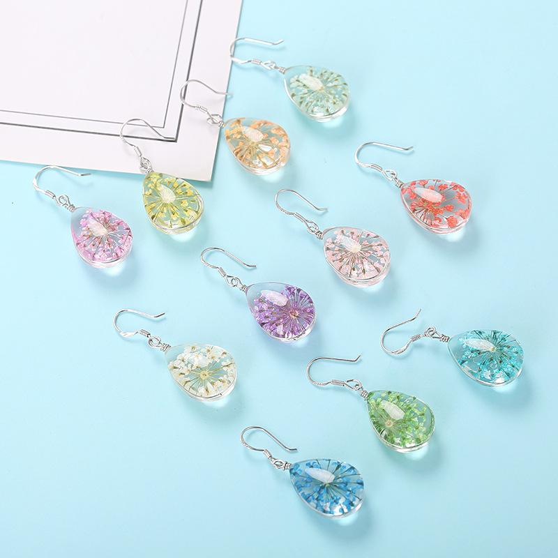 Original Hand-Wound Water Drop Dried Flower Specimen Earrings Qingren, Student Gift E88