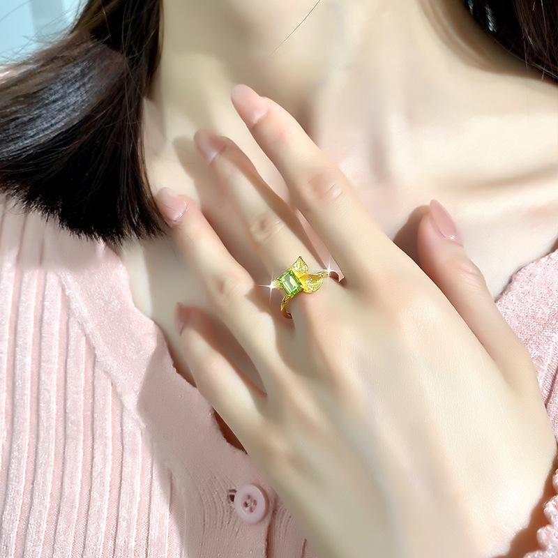 Women's S925 Silver Ring Natural Gemstone Bow Knot Adjustable Fashion Jewelry Gift